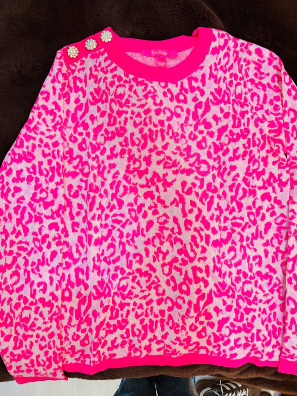 Lilly Pulitzer Hot Pink Leopard Knit Pullover with Decorative Buttons